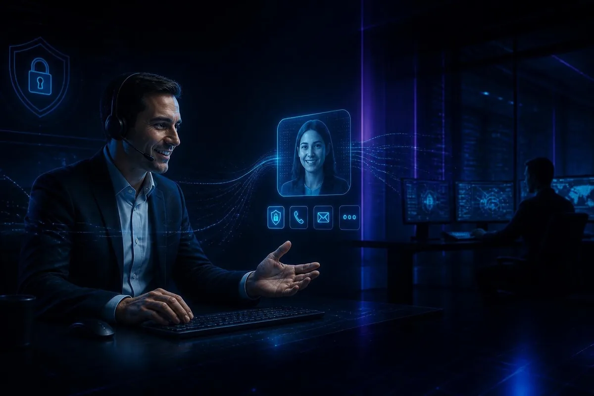 A support specialist on a headset video call with a client
