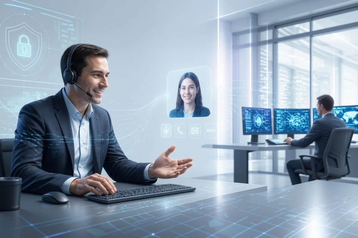 A support specialist on a headset video call with a client
