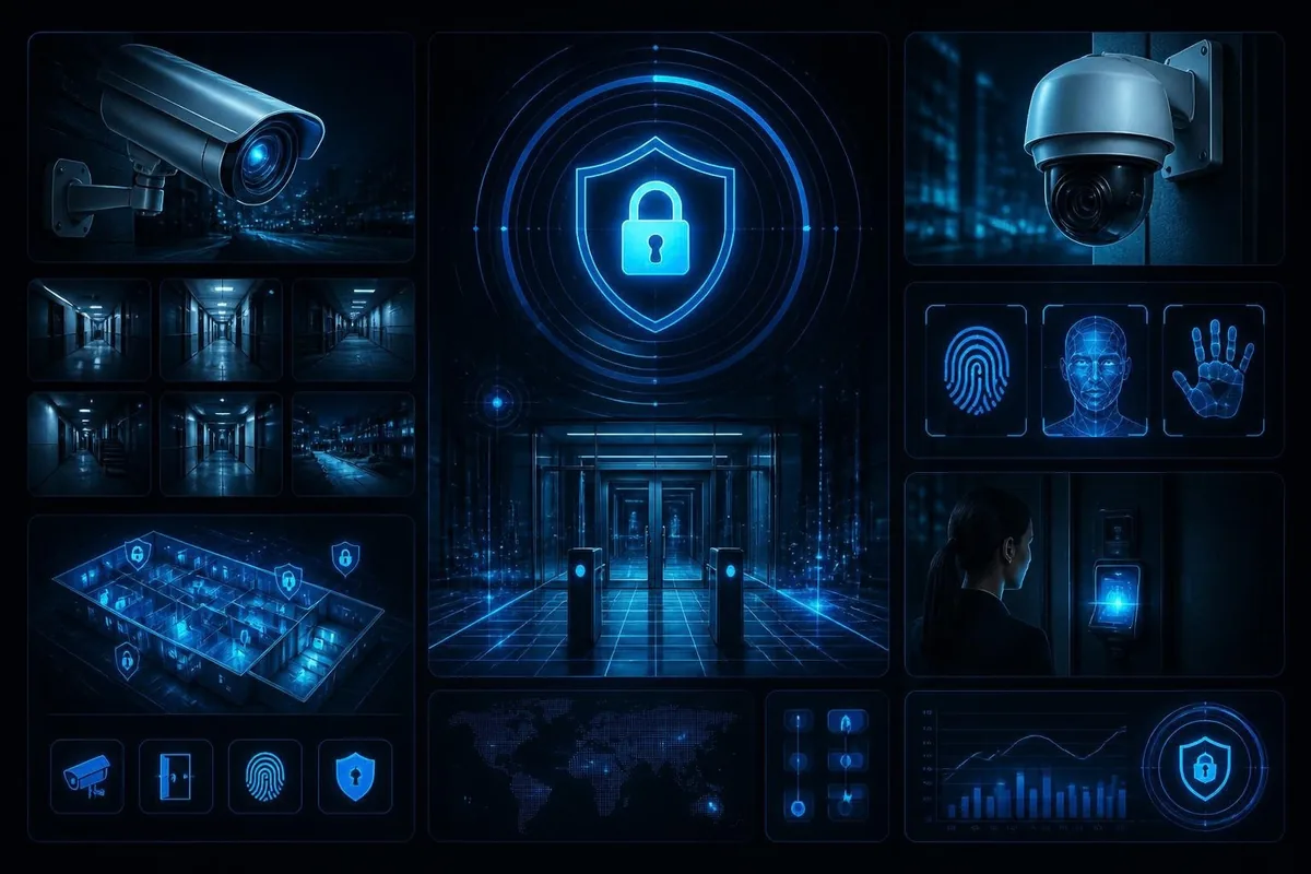 Security cameras, biometric access control and monitoring dashboards
